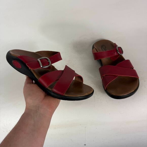 Chaco Slide Sandals Womens 8 Red Leather Slip-On Cross Straps Buckle Open Toe - Picture 1 of 10